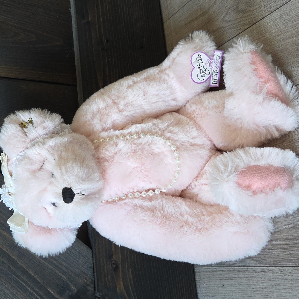 Annette Funicello Pink Plush Bear with Pearl Necklace 19"